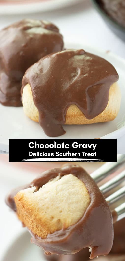 Long pin collage with text banner Chocolate Gravy Delicious Southern treats.