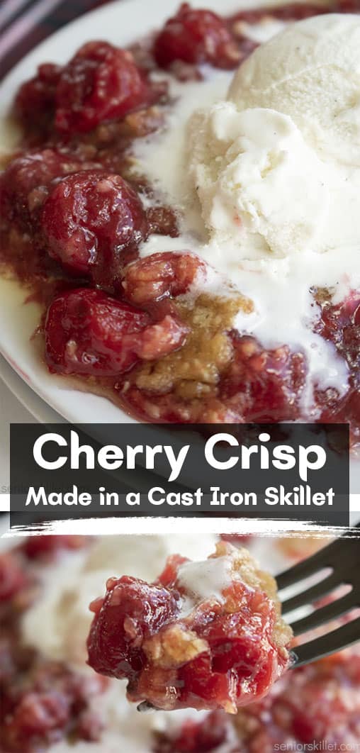 Long Pin collage Cherry Crisp Made in a Cast Iron Skillet