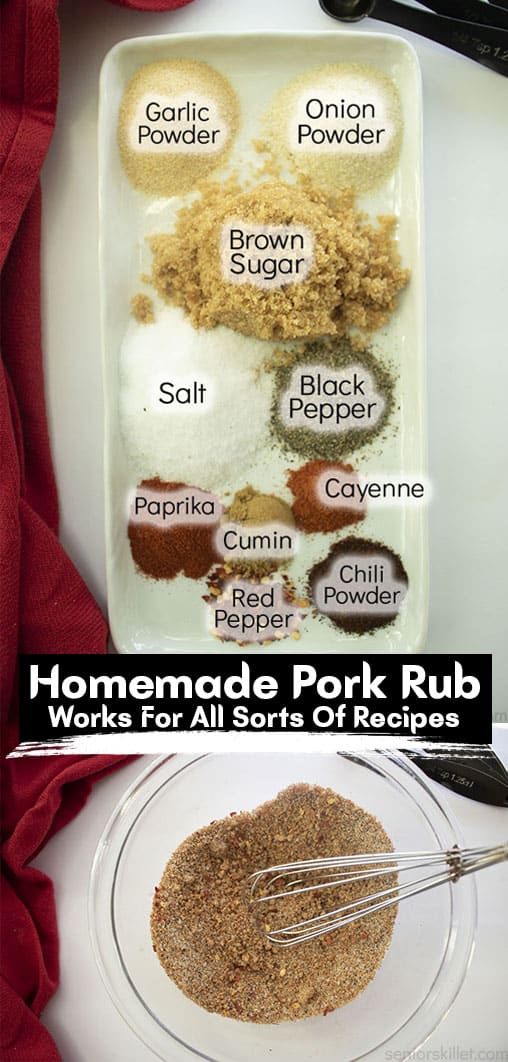 Long pin collage with banner Homemade Pork Rub Works for all sorts of recipes