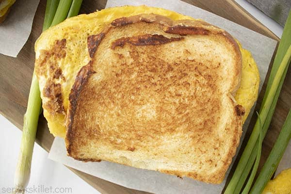 Closeup of skillet breakfast sandwich
