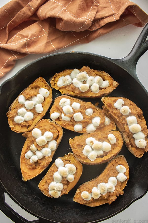 Twice Baked Sweet Potatoes in a cast iron pan